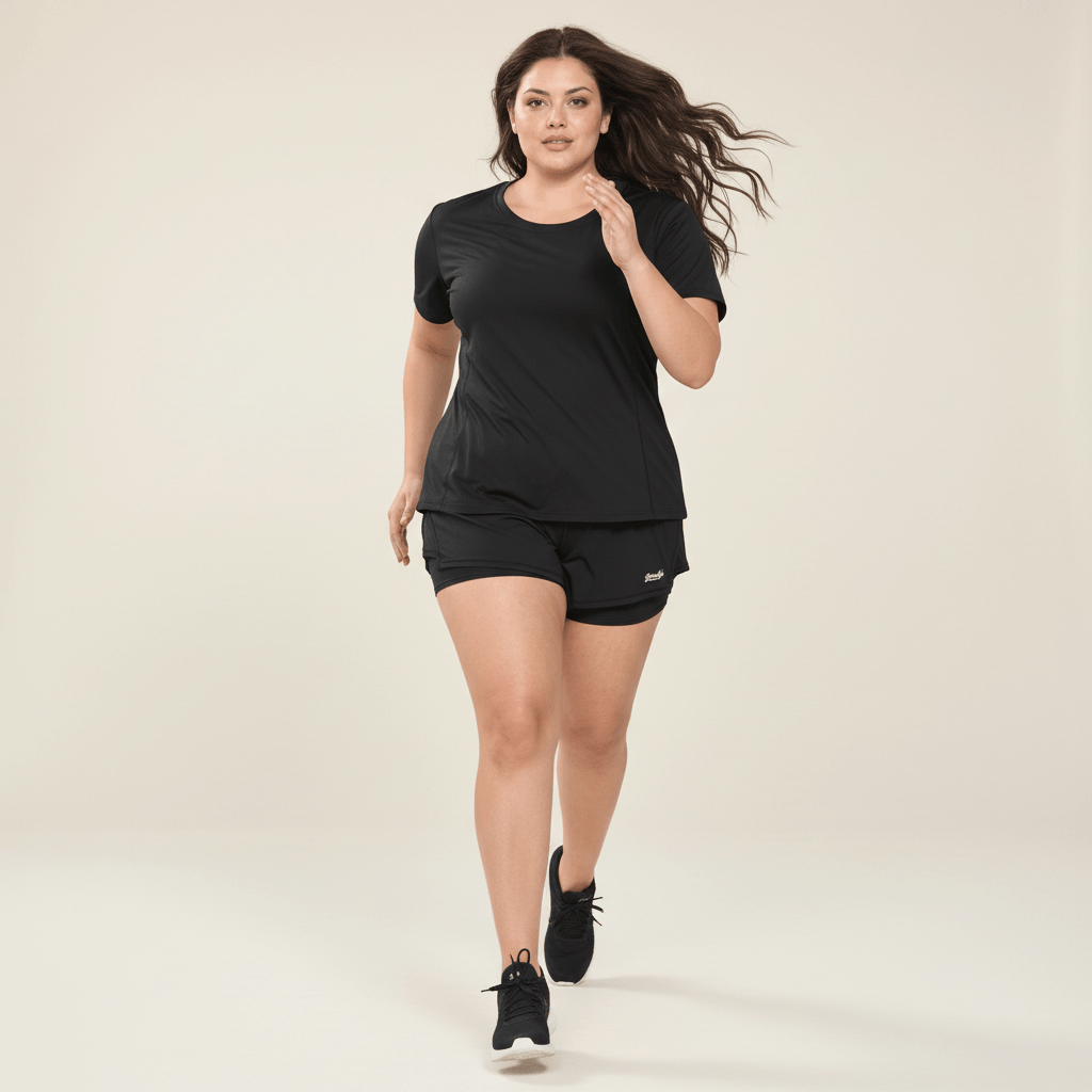 T-shirt running noir femme vu de face en marche, coupe couvrante sur les hanches