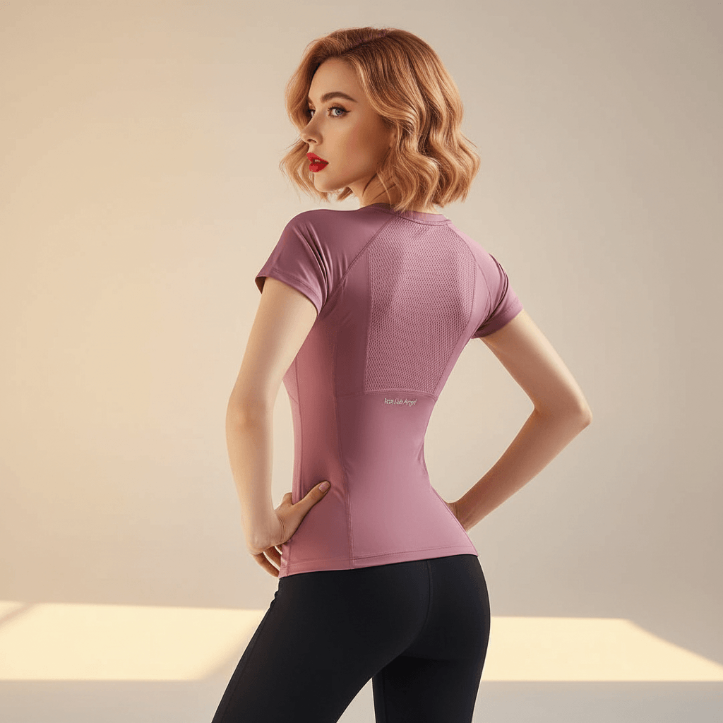 T-shirt sport femme manches courtes rose mauve – vue de dos, panneau mesh respirant, logo Train Like Angel, femme blonde carré wavy fond studio ivoire