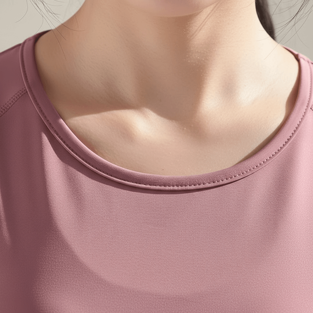 T-shirt sport femme manches courtes rose mauve – zoom détail col rond, finitions et coutures premium, fond studio ivoire