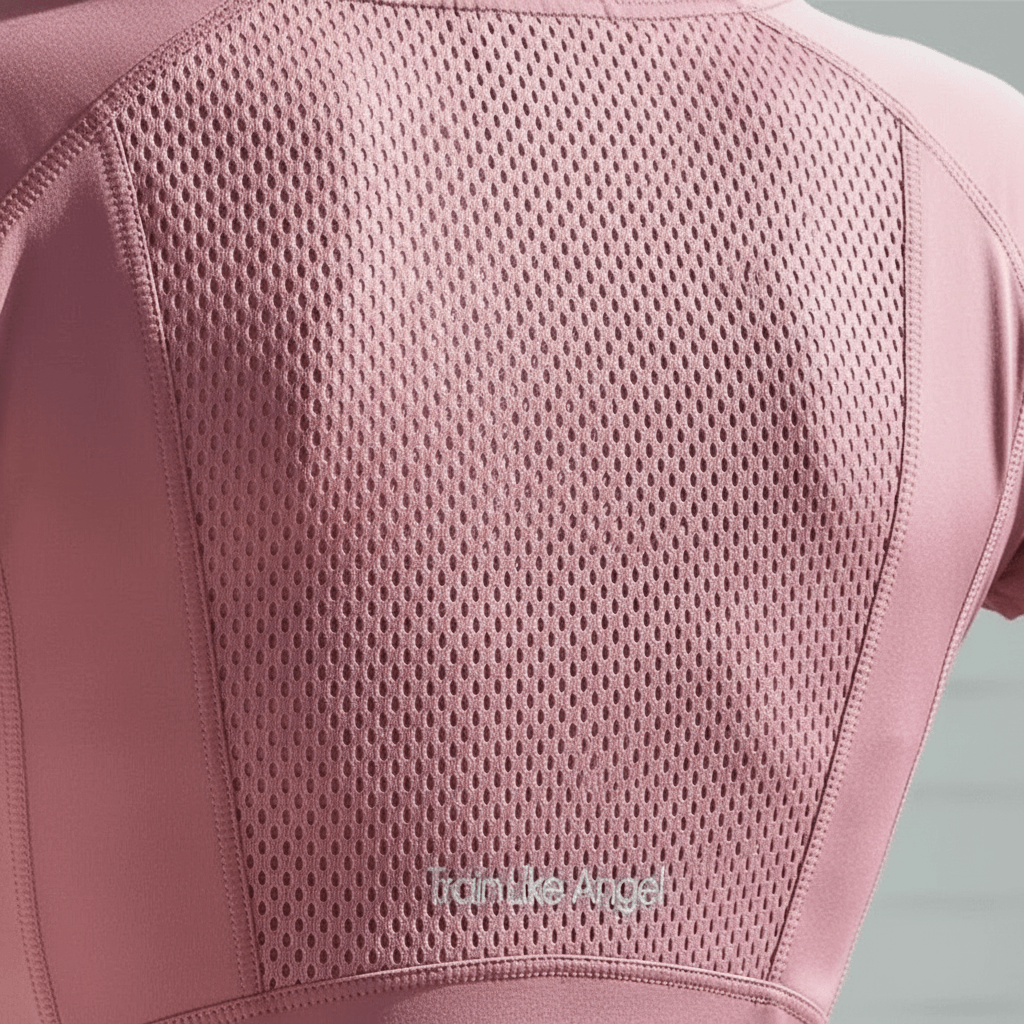 T-shirt sport femme manches courtes rose mauve – zoom détail panneau mesh respirant dos, texture perforée premium, fond studio ivoire