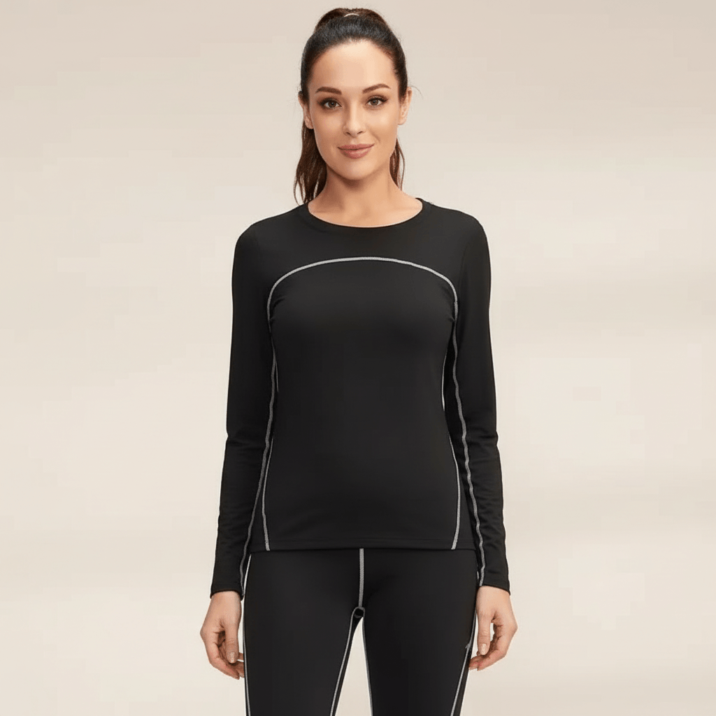 T-shirt thermique femme noir doublé polaire, vue de face, liserés gris contrastés