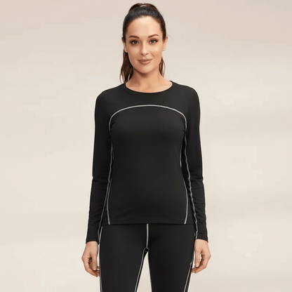 T-shirt thermique femme noir doublé polaire, vue de face, liserés gris contrastés