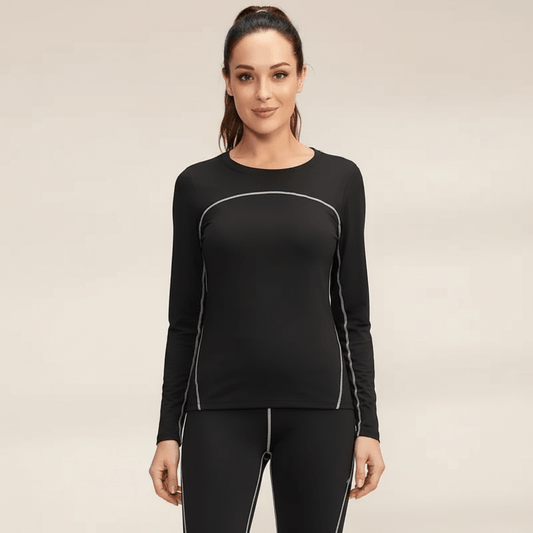 T-shirt thermique femme noir doublé polaire, vue de face, liserés gris contrastés