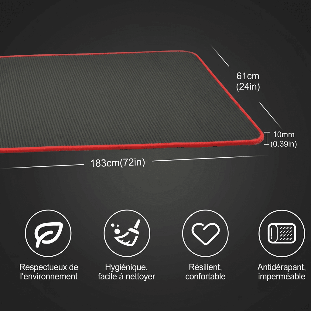 Infographie en français présentant les dimensions (183×61 cm, 10 mm) et caractéristiques du tapis de gym : respectueux de l'environnement, hygiénique, résilient, antidérapant.