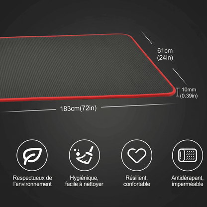 Infographie en français présentant les dimensions (183×61 cm, 10 mm) et caractéristiques du tapis de gym : respectueux de l'environnement, hygiénique, résilient, antidérapant.