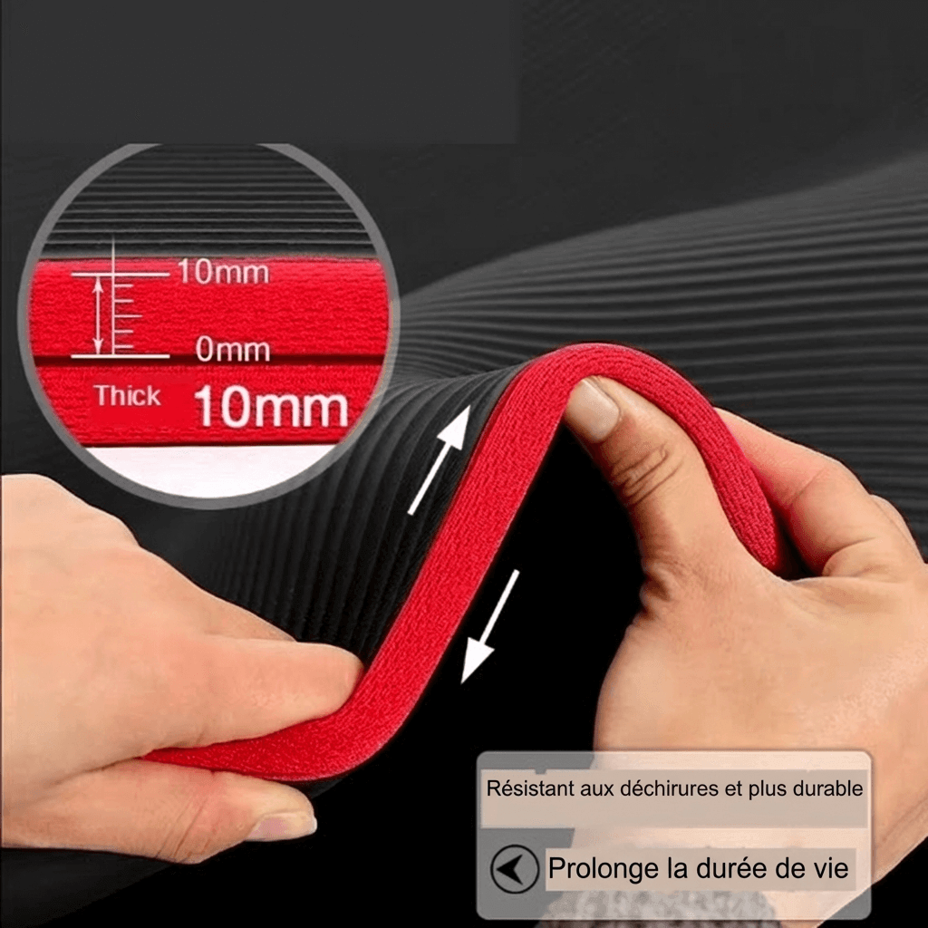 Infographie en français montrant l'épaisseur 10 mm du tapis de gym, résistant aux déchirures et durable.