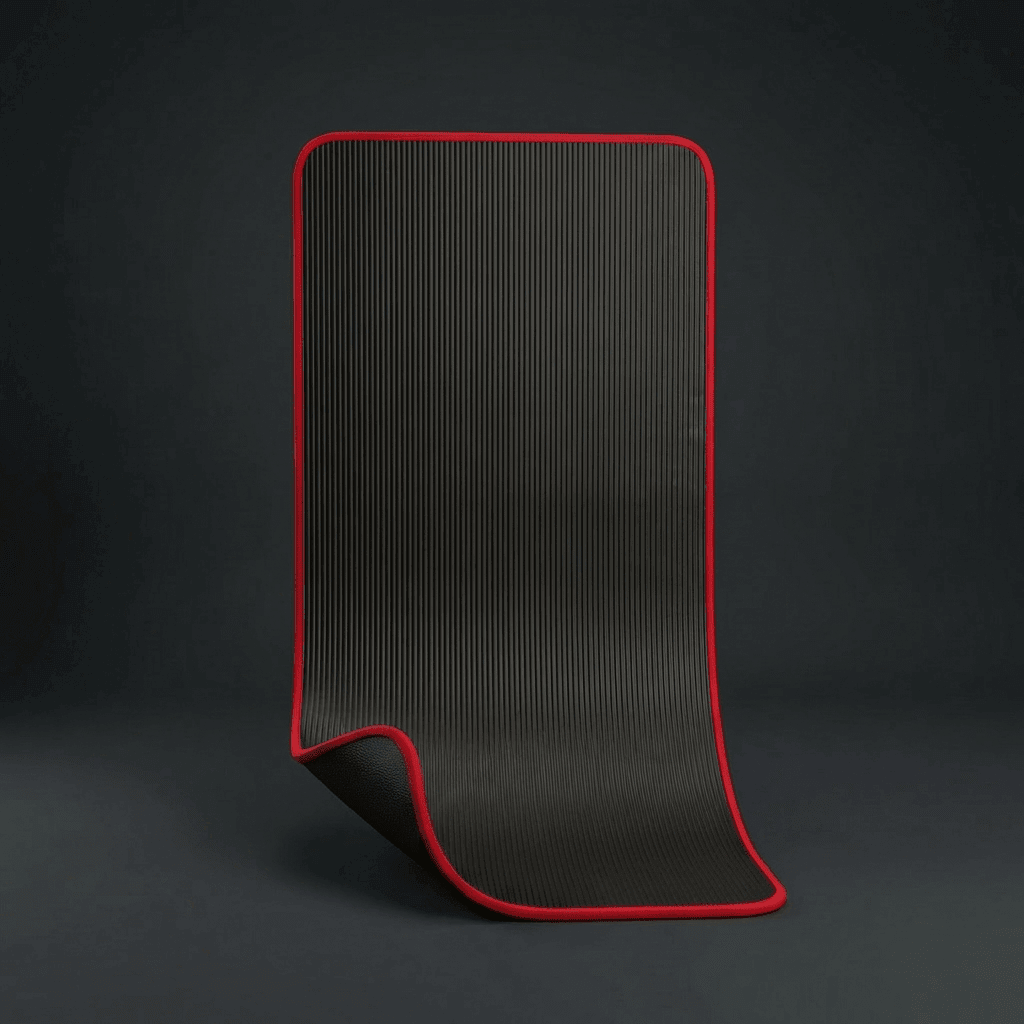 Tapis de gym noir et rouge debout, verso noir antidérapant, studio minimaliste anthracite.