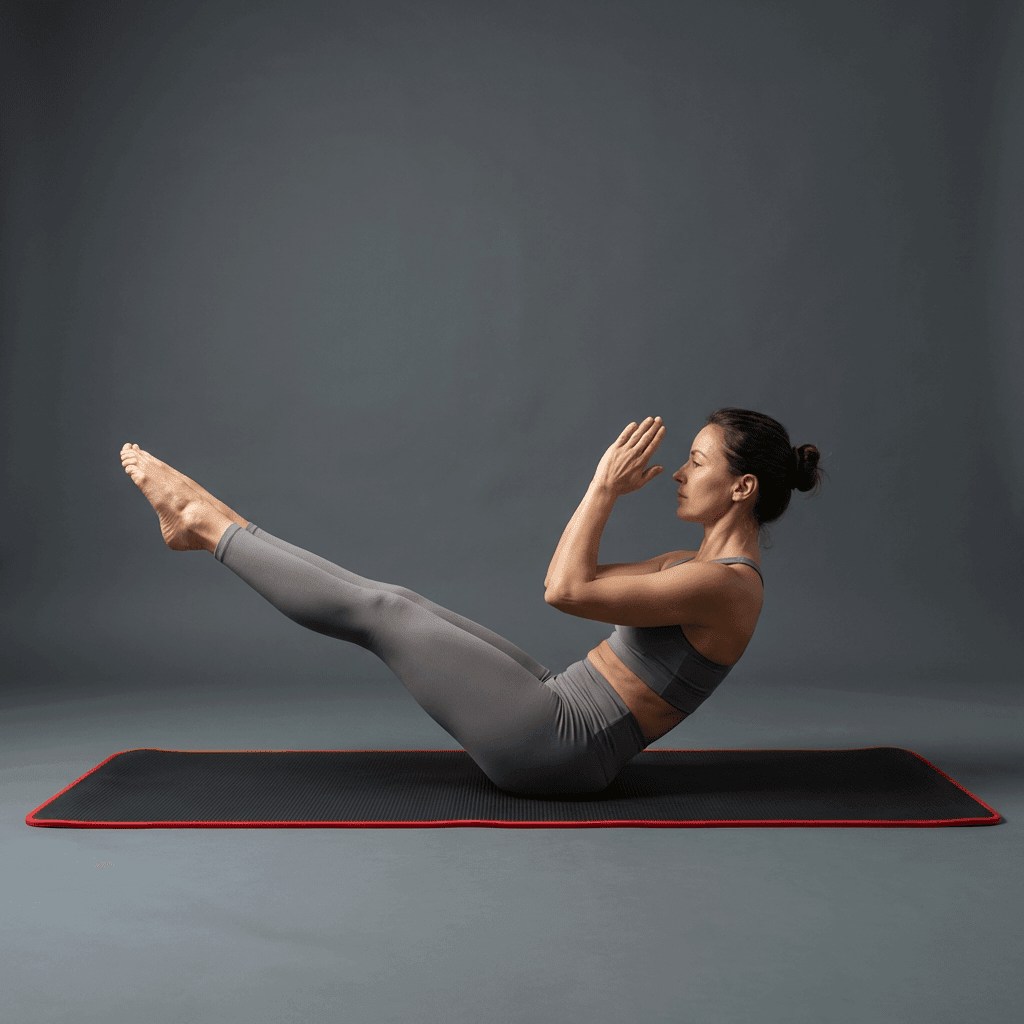 Femme en exercice pilates sur tapis de gym noir et rouge, photo lifestyle premium studio anthracite.