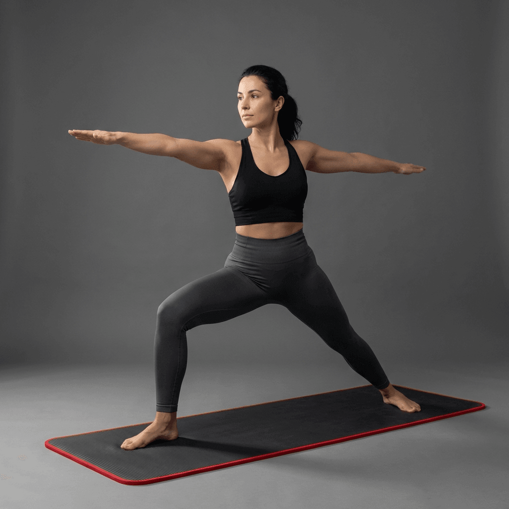 Femme en pose yoga sur tapis de gym noir et rouge, photo lifestyle premium studio anthracite