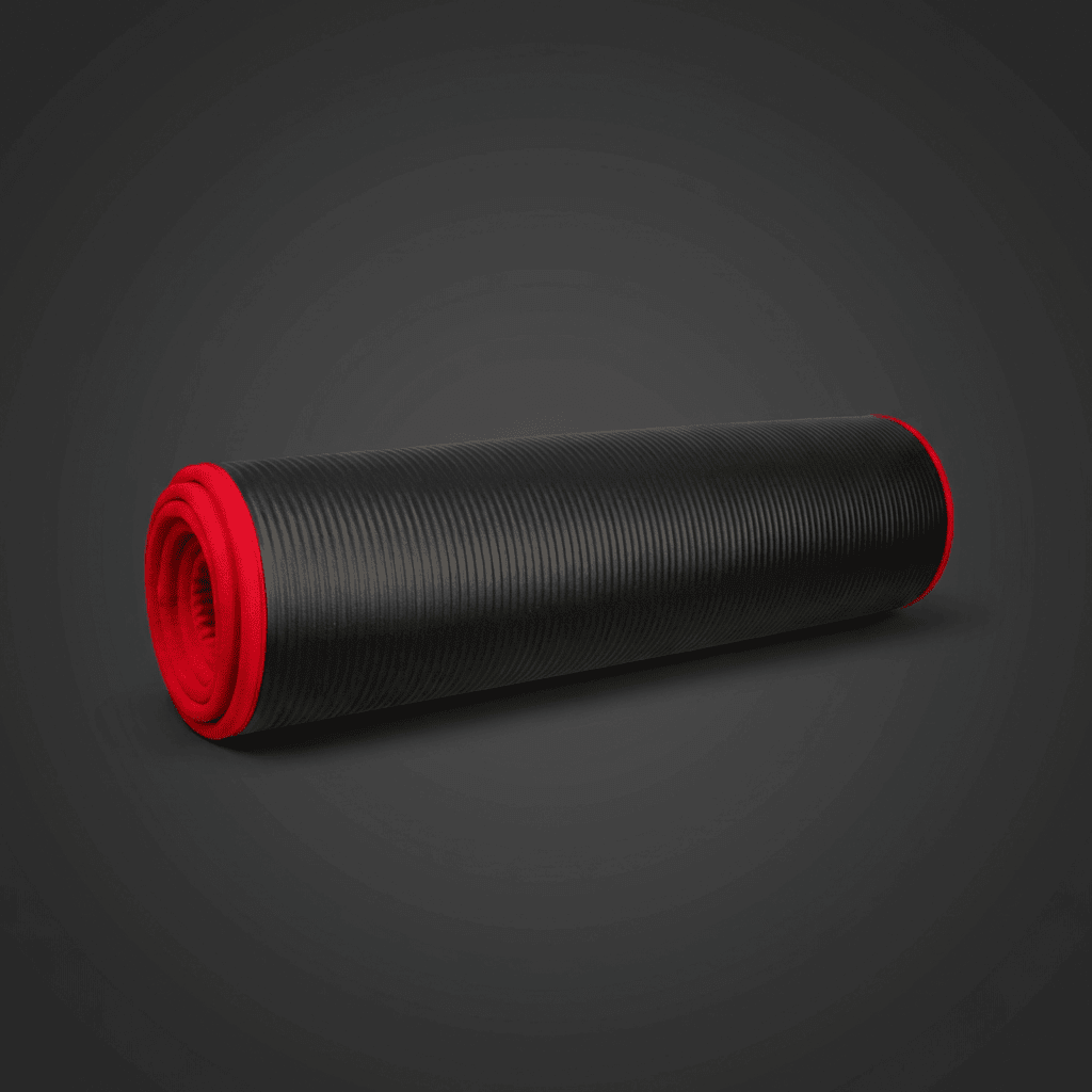 Tapis de gym noir et rouge premium en studio anthracite minimaliste, rendu packshot haute qualité.