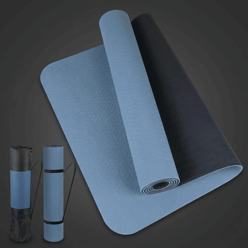 Tapis de sol sport Maxiflow bleu double face sur fond anthracite premium, rendu studio minimaliste.
