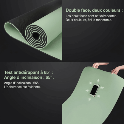 Infographie en français sur fond anthracite montrant le tapis Maxiflow double face et son adhérence au sol.