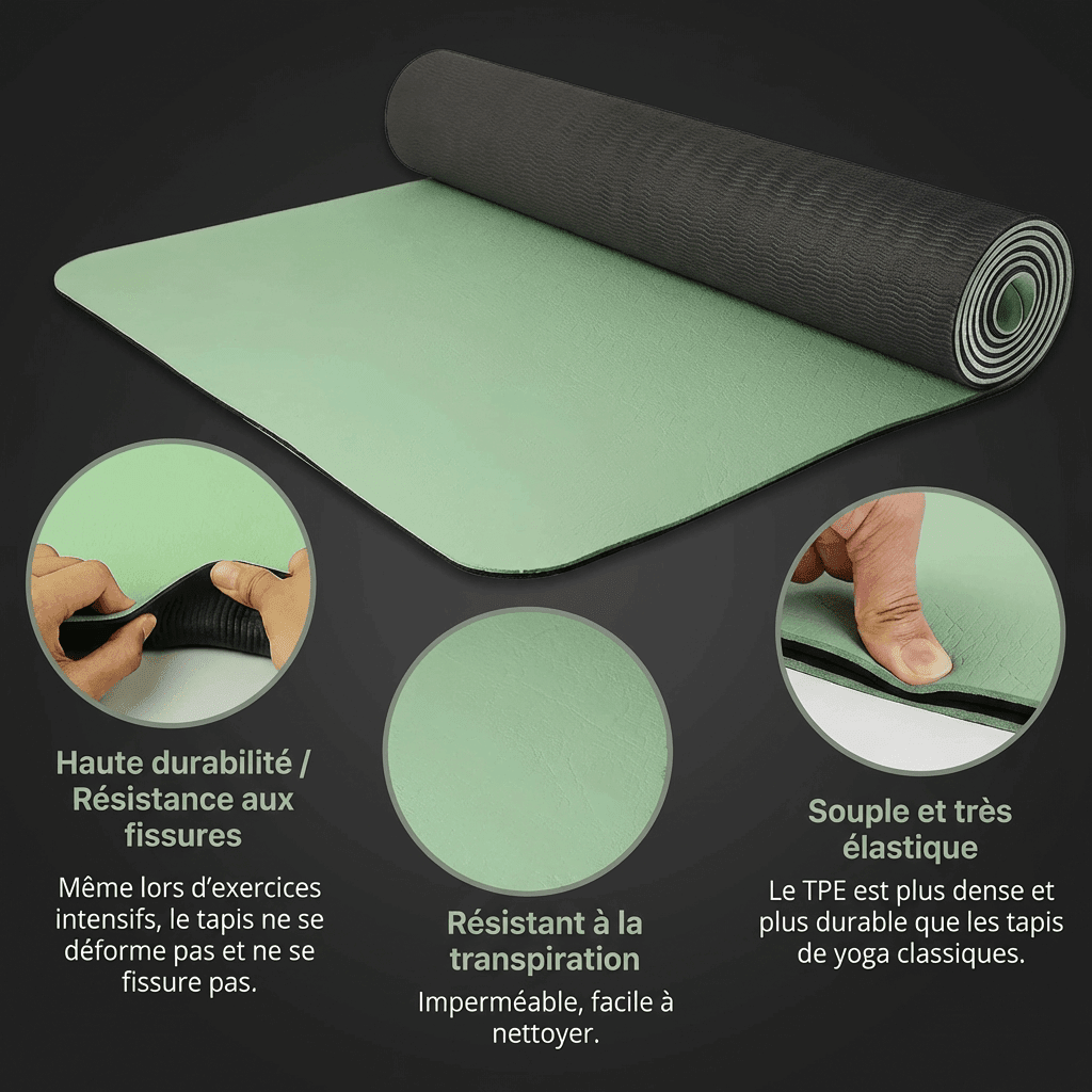 Infographie en français sur fond anthracite présentant la durabilité, la résistance aux fissures et la surface imperméable du tapis Maxiflow en TPE.