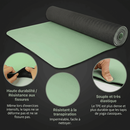 Infographie en français sur fond anthracite présentant la durabilité, la résistance aux fissures et la surface imperméable du tapis Maxiflow en TPE.