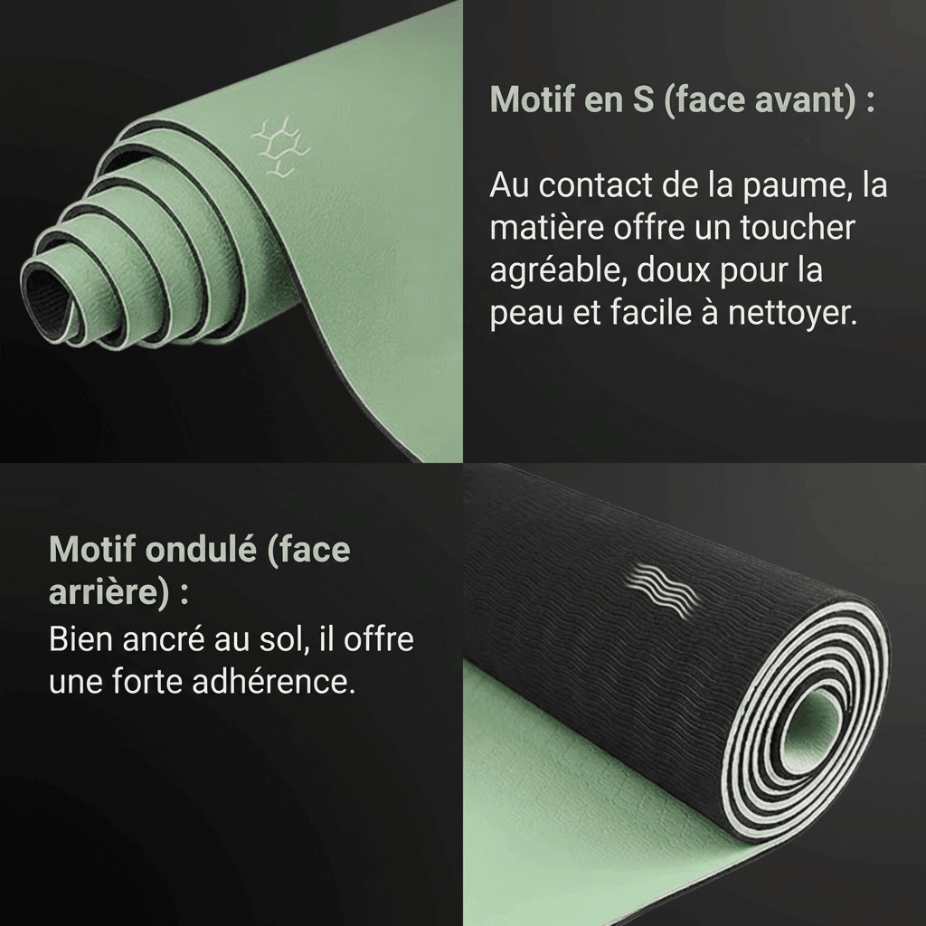 Infographie en français sur fond anthracite présentant le motif en S (face avant) et le motif ondulé (face arrière) du tapis Maxiflow.