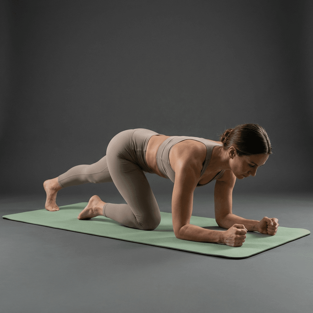  Femme s’entraînant sur tapis de sol sport Maxiflow vert sauge en studio anthracite, illustrant stabilité, grip et confort grâce à l’épaisseur 6 mm.