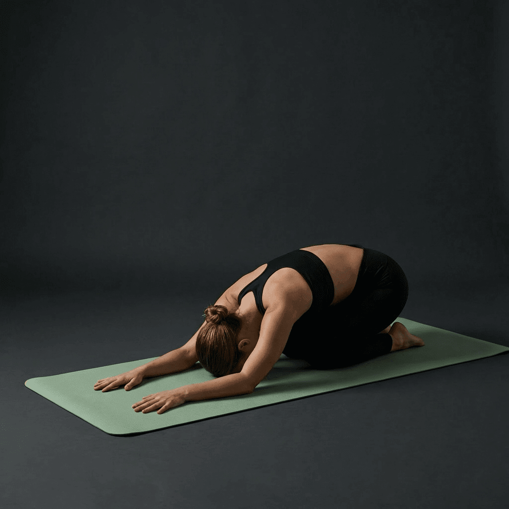 Femme en pose yoga douce sur tapis de sol sport Maxiflow vert sauge en studio minimaliste anthracite