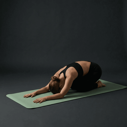 Femme en pose yoga douce sur tapis de sol sport Maxiflow vert sauge en studio minimaliste anthracite