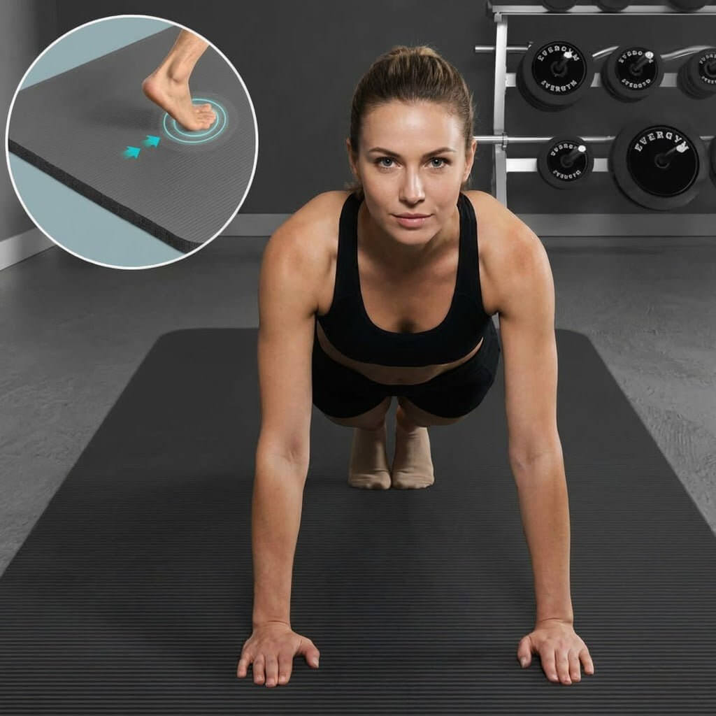 Femme en position planche sur un tapis du sport MaxFit antidérapant, texture adhérente en salle de sport