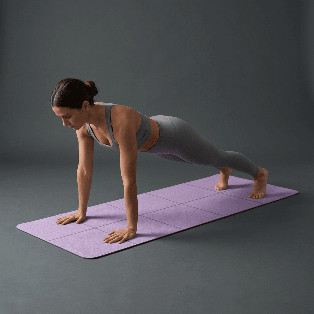 Femme en planche sur un tapis de sport pliable violet, exercice fitness stable et confortable