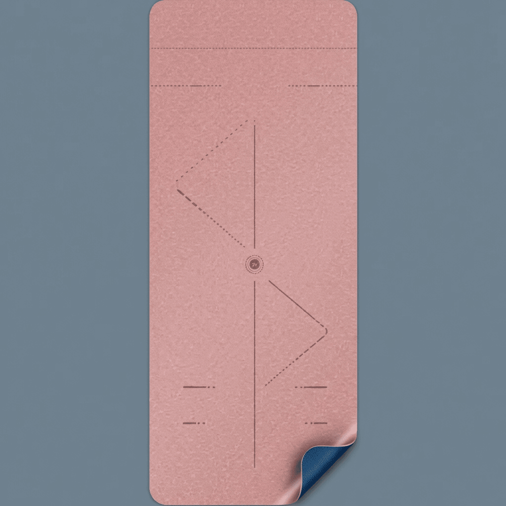 Tapis de yoga Asana Aura rose poudré avec lignes d’alignement, présenté seul sur fond anthracite premium.