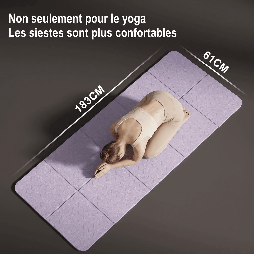 Infographie tapis de yoga pliable : dimensions 183x61 cm, format spacieux pour tous les exercices