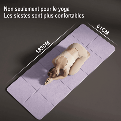 Infographie tapis de yoga pliable : dimensions 183x61 cm, format spacieux pour tous les exercices
