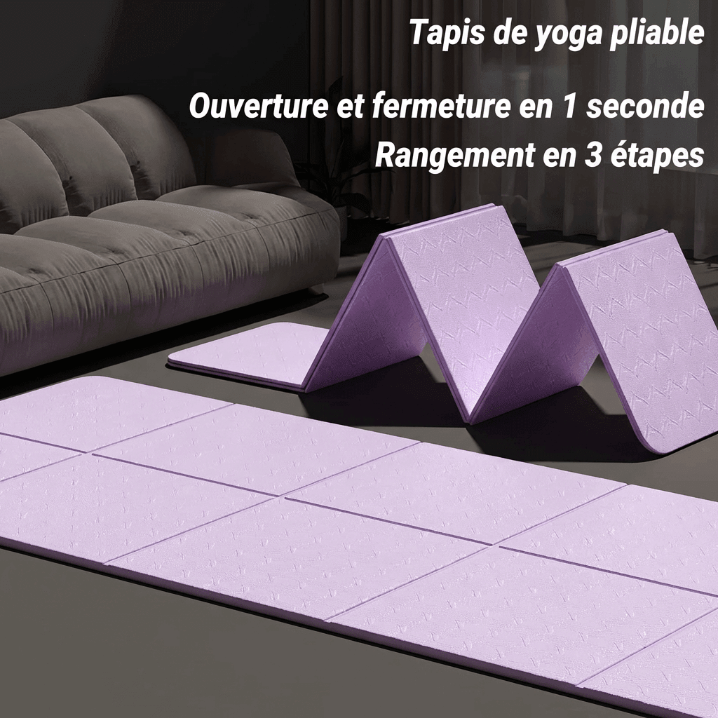 Infographie tapis de yoga pliable : ouverture et fermeture en 1 seconde, rangement en 3 étapes, tapis pliable pratique pour le voyage