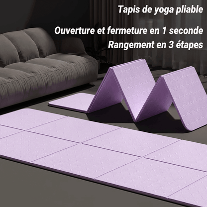 Infographie tapis de yoga pliable : ouverture et fermeture en 1 seconde, rangement en 3 étapes, tapis pliable pratique pour le voyage