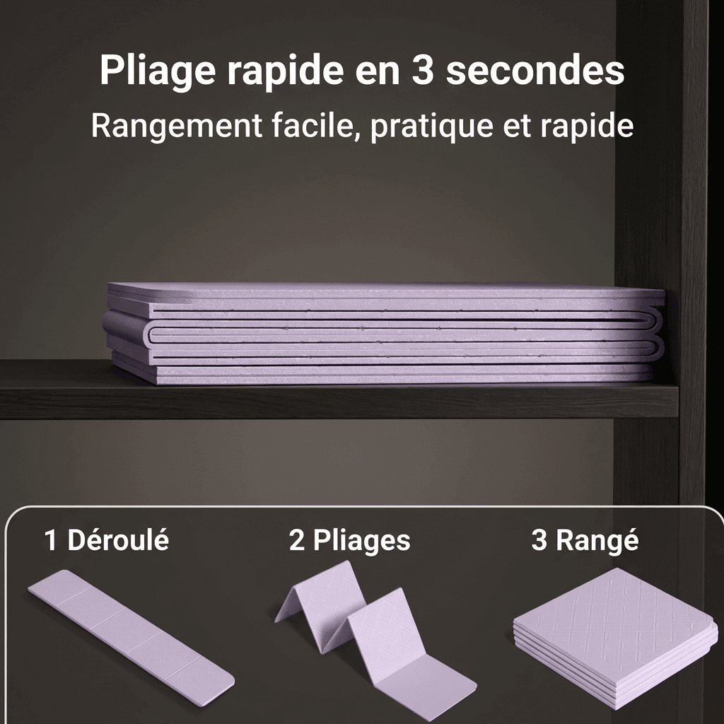 Infographie tapis de yoga pliable : pliage rapide en 3 secondes, rangement facile et pratique