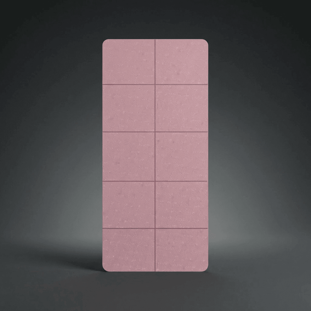 Tapis de yoga pliable rose poudré en TPE, packshot studio minimaliste, format compact 183x61 cm