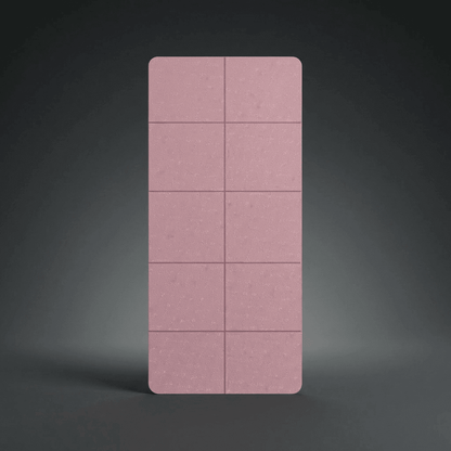 Tapis de yoga pliable rose poudré en TPE, packshot studio minimaliste, format compact 183x61 cm