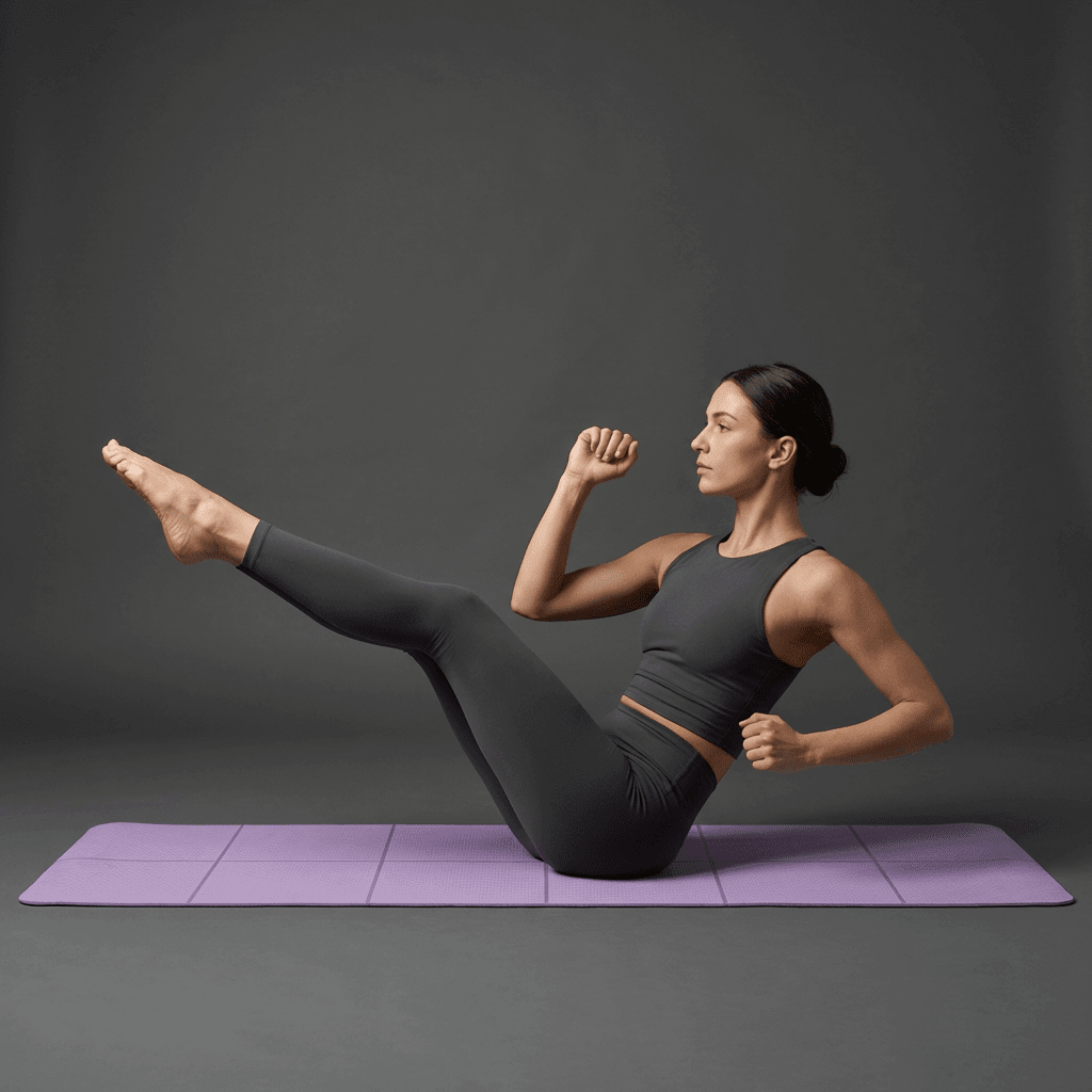 Femme pratiquant le pilates sur un tapis de yoga pliable violet, surface antidérapante