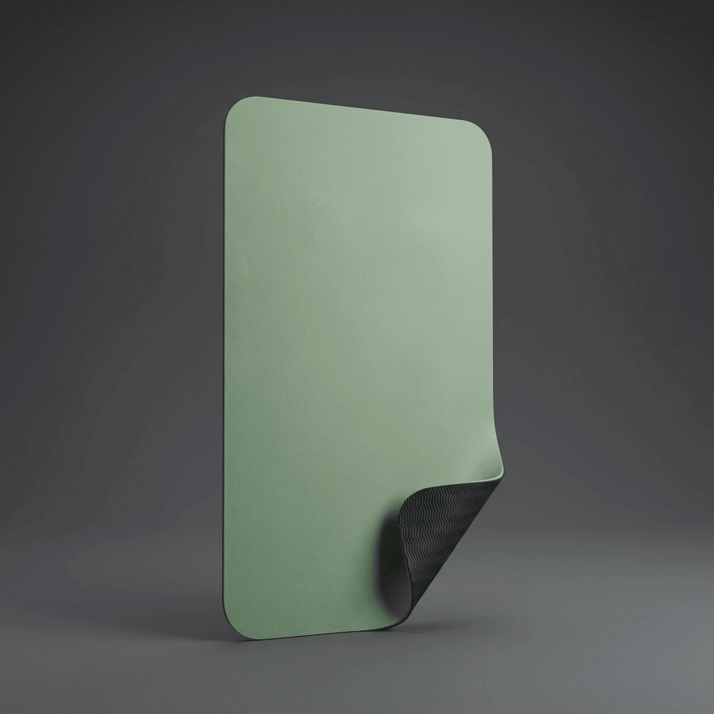 Tapis de yoga TPE vert sauge debout sur fond anthracite premium, avec un pli en bas révélant le verso noir antidérapant.
