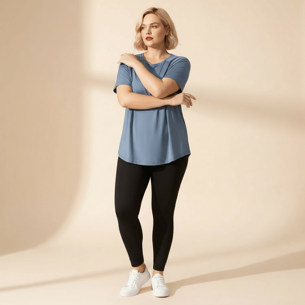 Tee shirt femme grande taille bleu gris raglan torsion douce pose échauffement fond studio crème