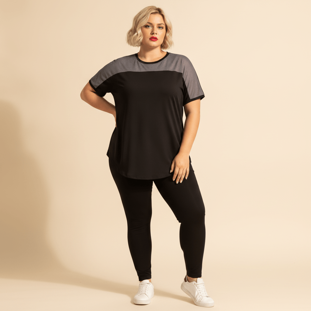 Tee shirt grande taille femme noir empiècements mesh gris color-block épaules coupe ample vue de face fond studio crème