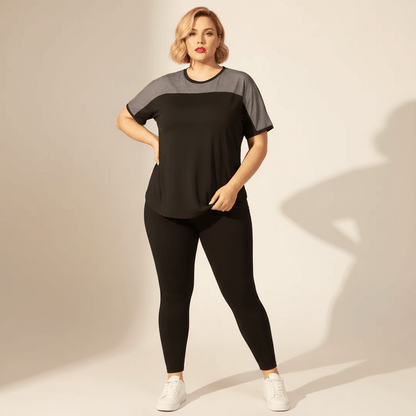 Tee shirt grande taille femme noir mesh gris color-block style fashion sport éditorial ajustement ourlet fond studio crème