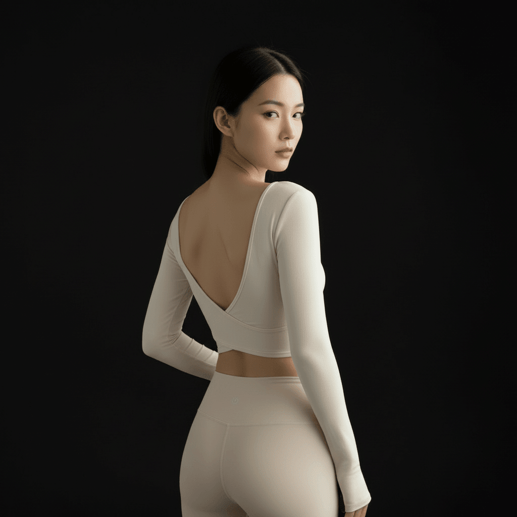 Tee Shirt Manche Longue Femme avec dos ouvert en V vue trois quarts