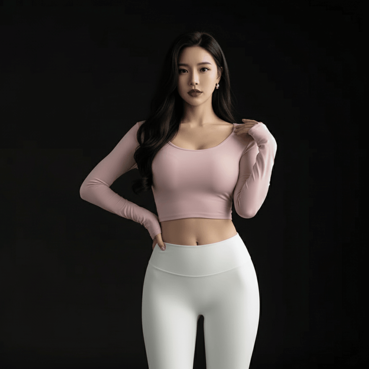 Tee Shirt Manche Longue Femme rose pâle pose élégante vue de face