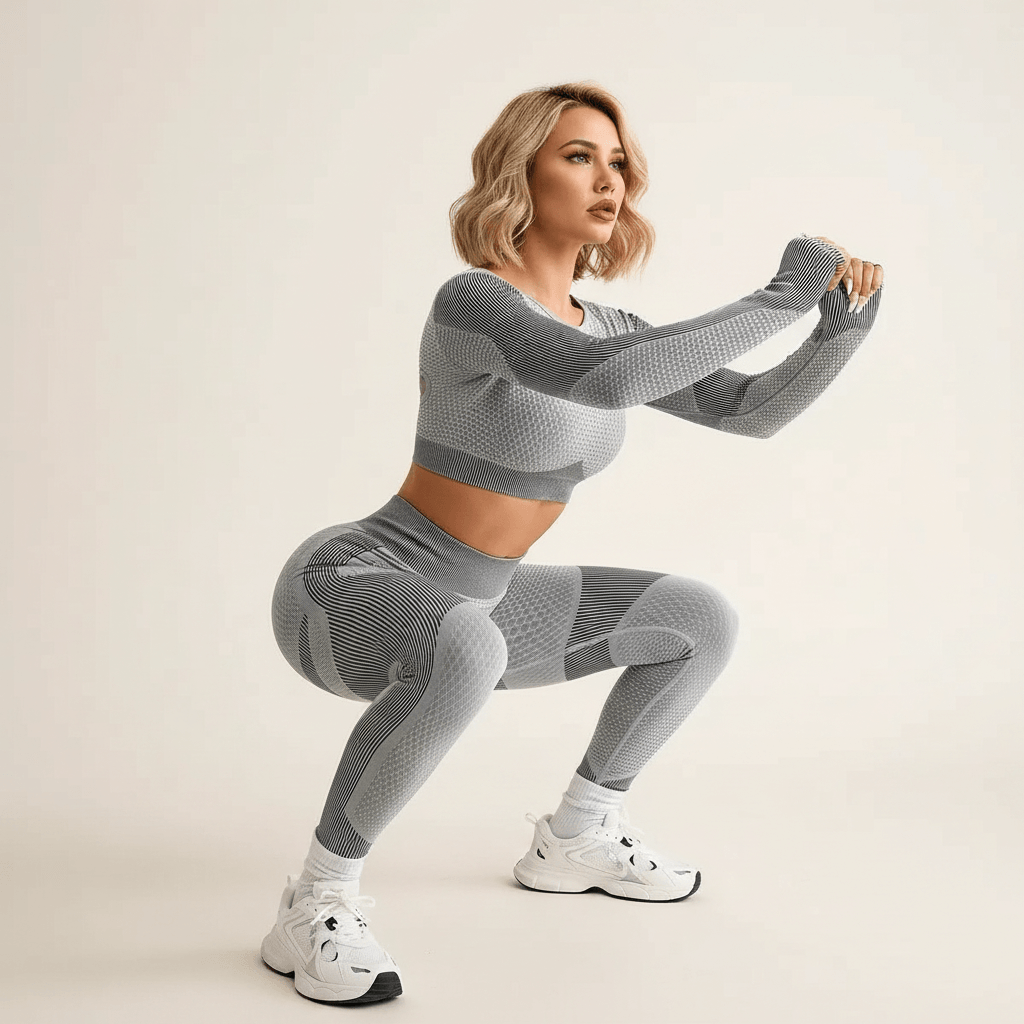 Tenue crossfit femme grise en pose de squat, ensemble seamless training dynamique, maille texturée tummy control, studio ivoire