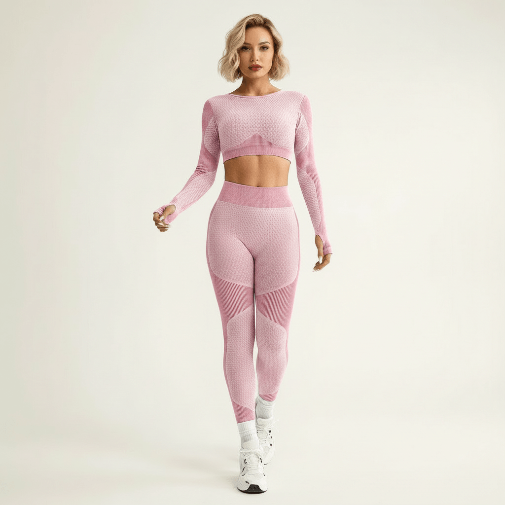Tenue crossfit femme rose pâle seamless crop top manches longues et legging taille haute texture nid d'abeille pose marche studio