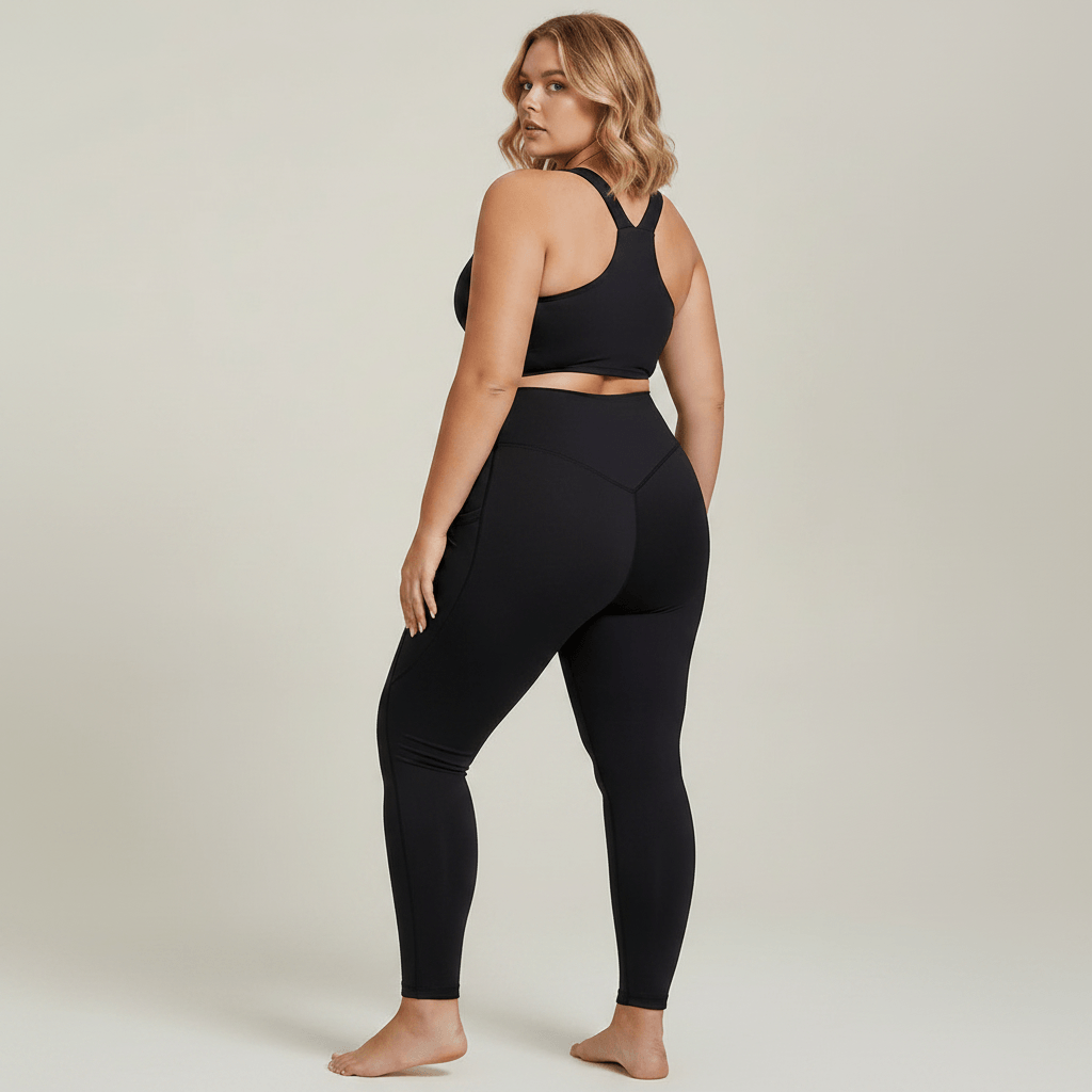 Tenue de sport femme fitness grande taille noire, vue de dos tête aux pieds, mannequin blonde carré wavy, pose fashion élégante, studio crème doux