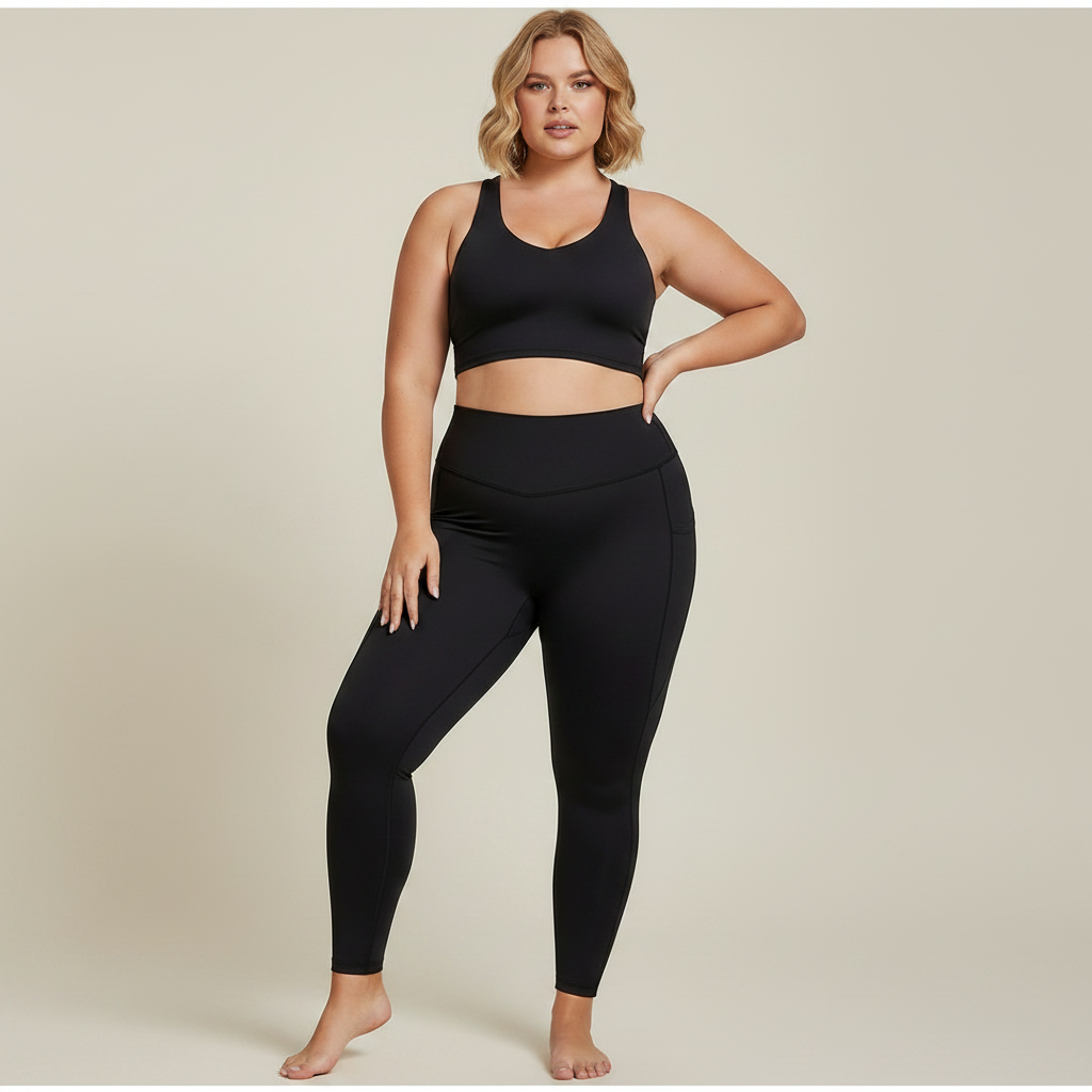  Tenue de sport femme fitness grande taille noire, mannequin blonde carré wavy, vue de face tête aux pieds, studio crème doux, pose élégante