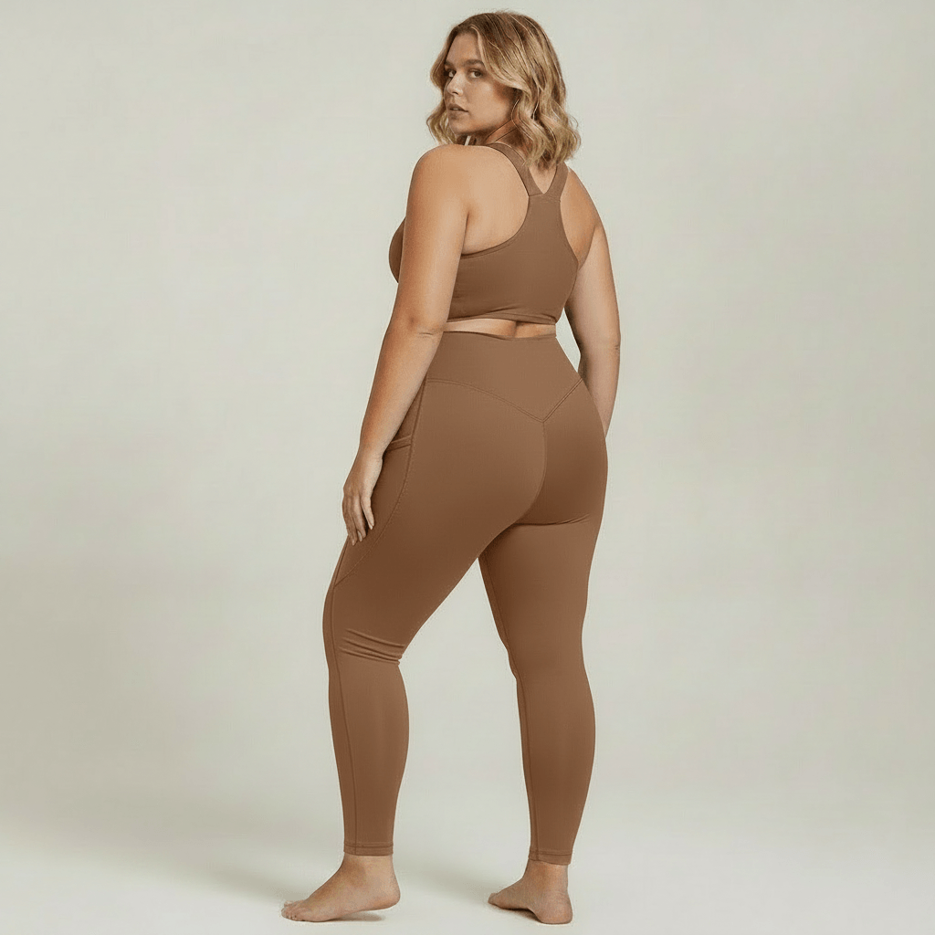 Tenue de sport femme fitness grande taille Mocha Coffee, vue de dos tête aux pieds, mannequin blonde carré wavy, studio crème doux