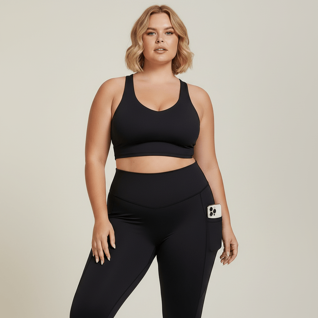 Tenue de sport femme fitness grande taille noire avec poche téléphone, mannequin blonde carré wavy, téléphone visible dans la poche, studio crème doux, pose élégante