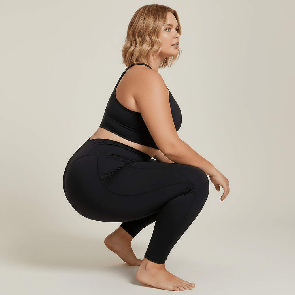 Tenue de sport femme fitness grande taille noire, squat vue de profil tête aux pieds, mannequin blonde carré wavy, studio crème doux