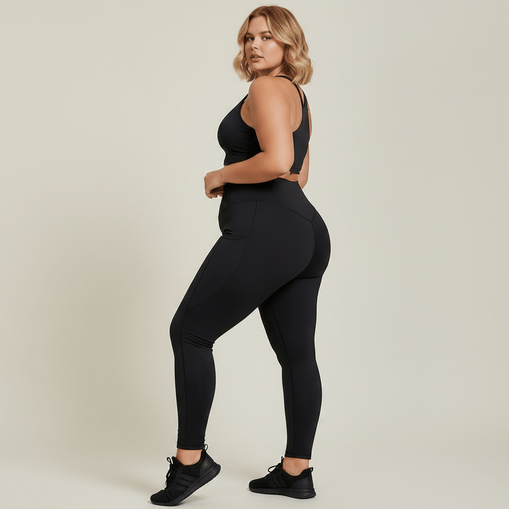 Tenue de sport femme fitness grande taille noire, vue 3/4 tête aux pieds, mannequin blonde carré wavy, pose élégante, studio crème doux