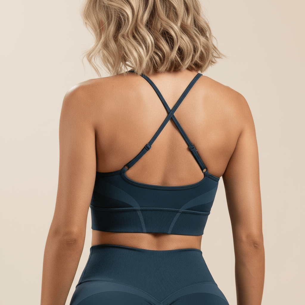 Tenue de Yoga Femme Chic bleu marine, zoom dos brassiere bretelles croisees et maintien, detail couture et texture, photo studio ivoire doux