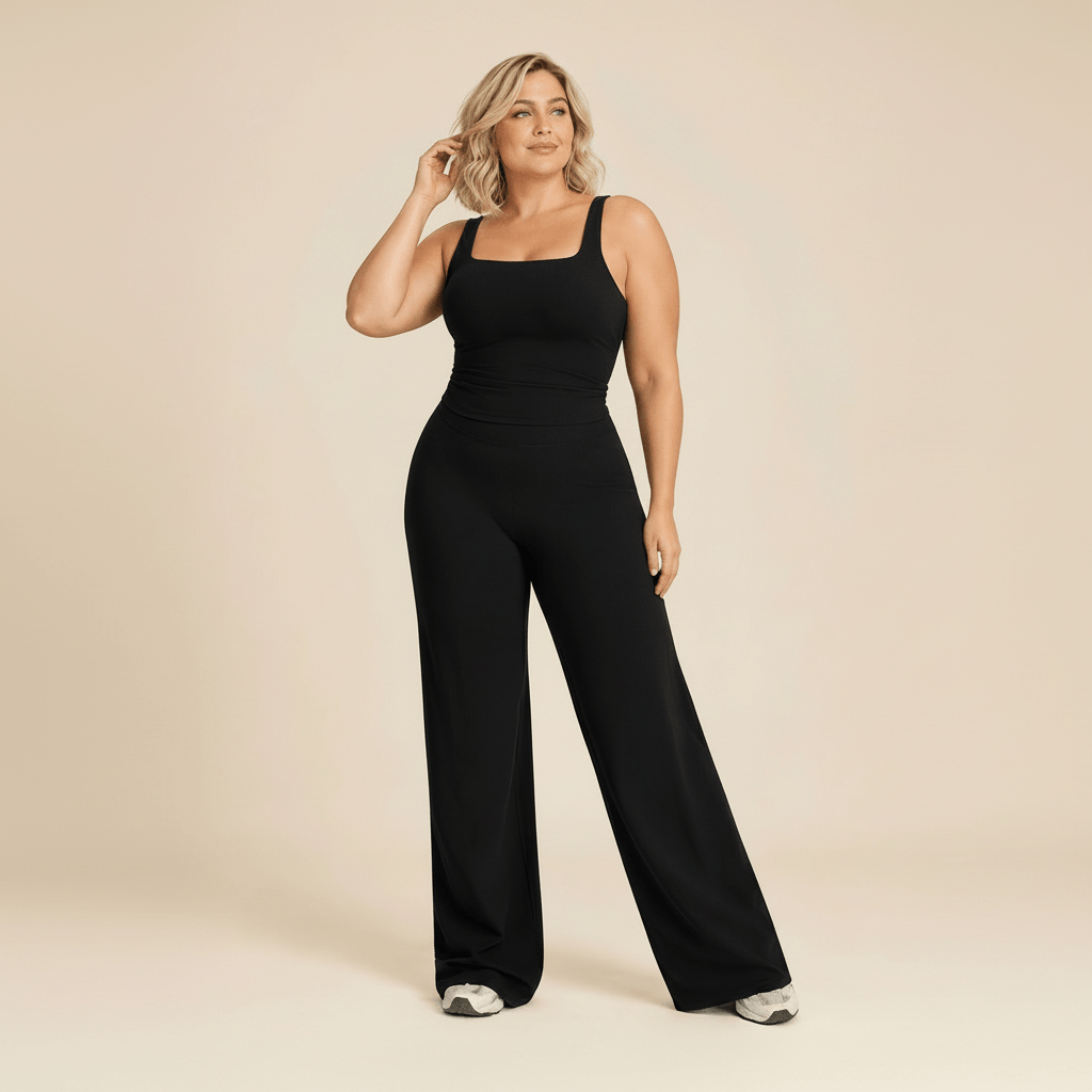 Tenue de yoga femme grande taille noire portée en pose de mouvement 