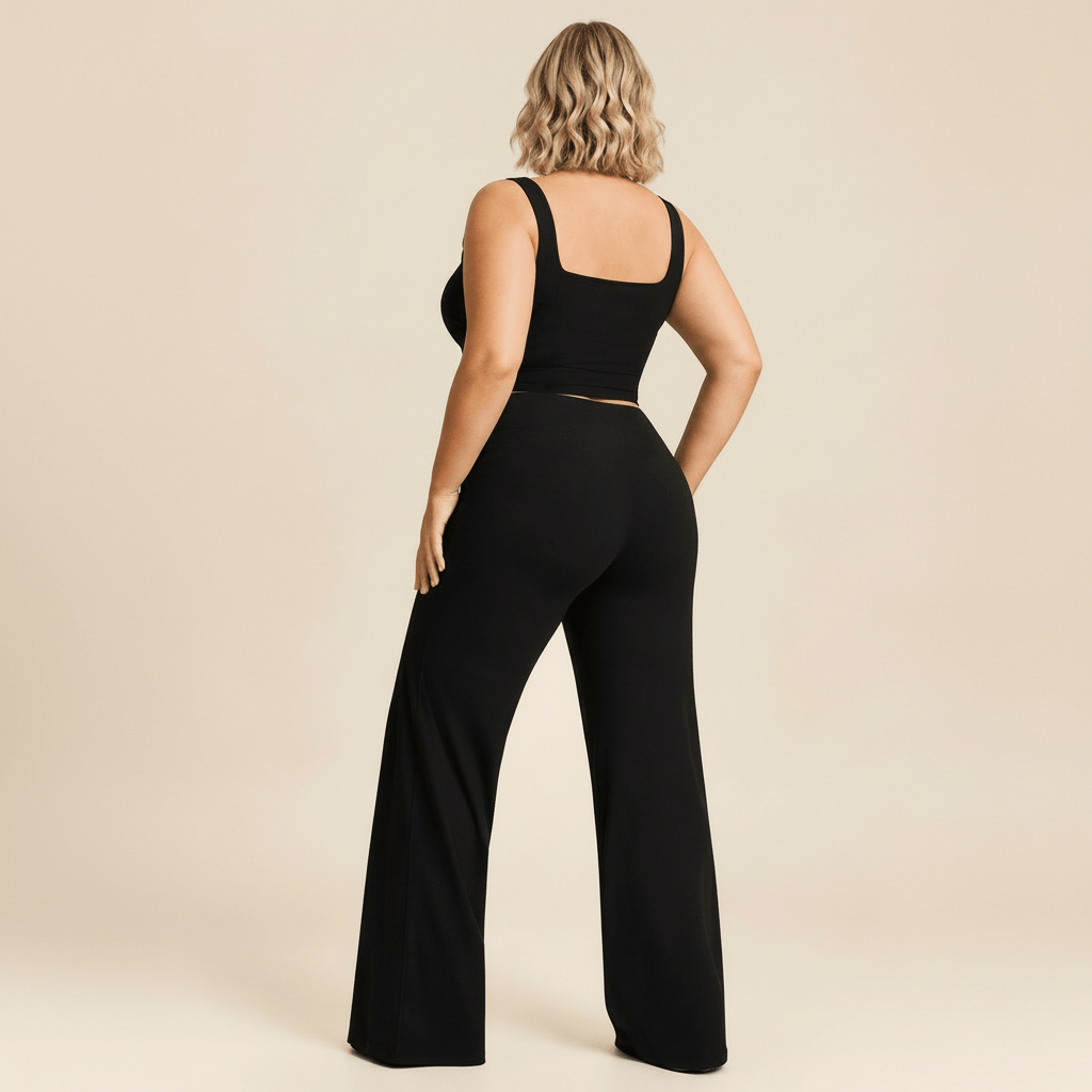 Tenue de yoga femme grande taille avec pantalon taille haute à jambes larges, vue de dos